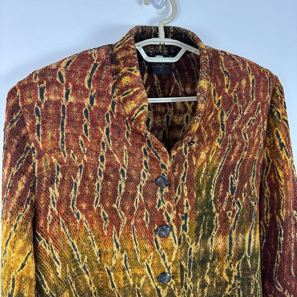 Candiss Cole Vintage 100% Silk Jacket Medium Snake Reptile Print Orange Green - Picture 3 of 10